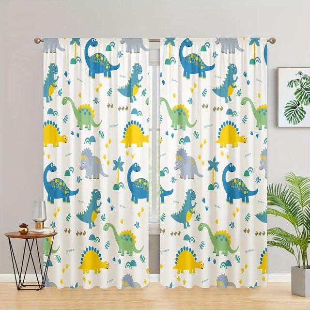 Yiran Furniture 2-teiliges Set halbtransparente Fenster Vorhänge mit Cartoon-Dinosaurier Digitaldruck, Bunte Tiere, Polyester, Ösenaufhängung, Breite: 100 cm, Höhe: 130 cm - Bild 1