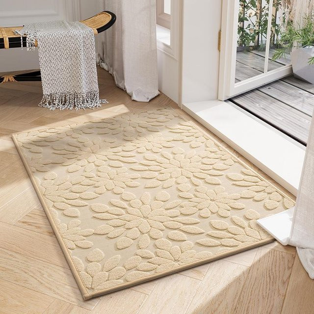 Rutschfeste Fußmatte mit floralem Design in Beige, Saugfähige Eingangsmatte aus Polyester, B/B: 40 x 60 cm - Bild 1