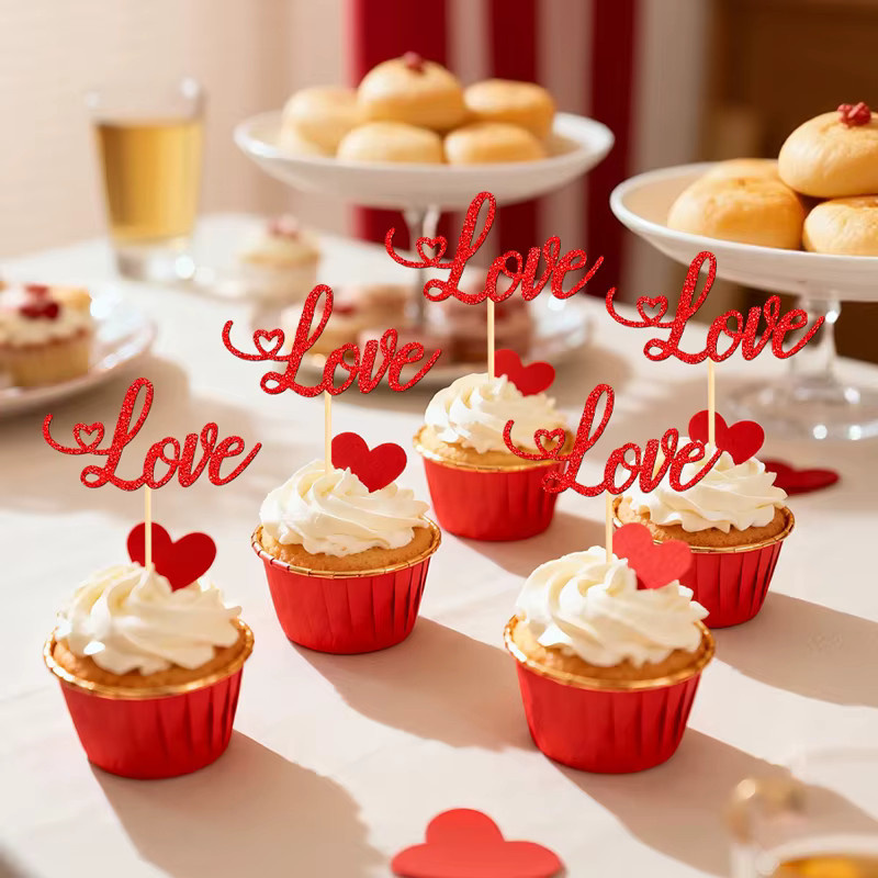 YOMDID 24 Stück Cupcake-Topper zum Valentinstag in Gold und Rot mit glitzernden Liebeszeichen als Kuchendekoration für Hochzeit und Party - Bild 3