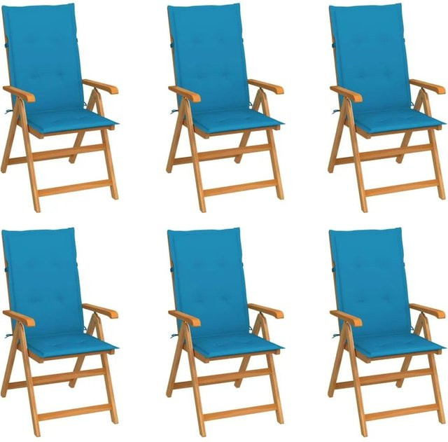 vidaXL Gartenstuhl-Set aus Teak-Massivholz mit blauen Polsterkissen, 6 Stück - Bild 1