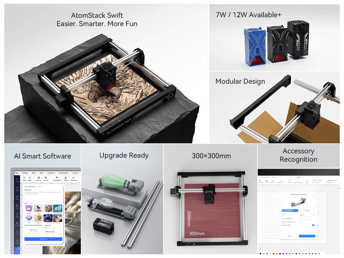 Atomstack Swift Tragbarer Lasergravierer 12W für Holz, Metall und Glas mit WLAN und Hotspot-Verbindung, unterstützt LightBurn-Software - Bild 2
