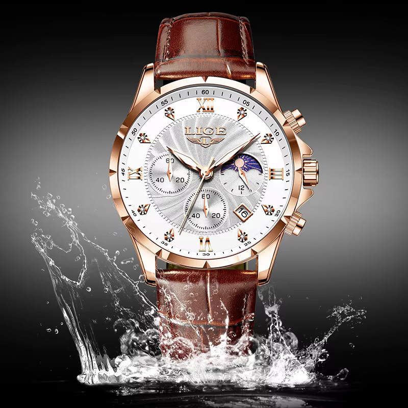 LIGE Armbanduhr Quarz, Leder, Roségold, Silber, Herren - Bild 5
