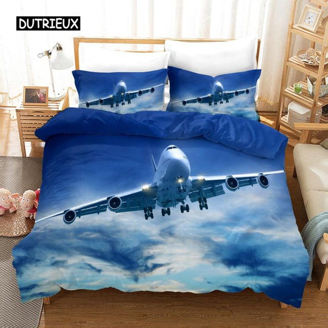 Bettwäscheset Flugzeug Motiv aus Mikrofaser in Blau für Kinder, 3-teilig, Breite: 150 cm, Länge: 200 cm - Bild 1