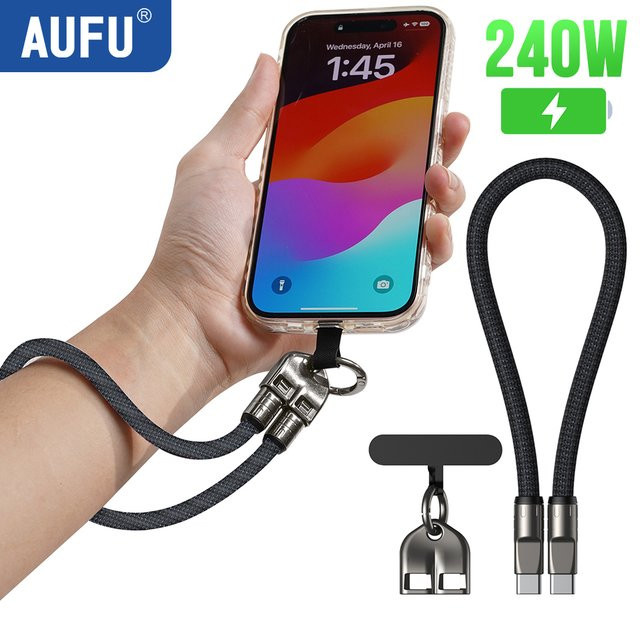 AUFU 2in1 USB-C auf USB-C Lanyard Datenkabel mit 240W PD Schnellladung für iPhone 16 15 Xiaomi Huawei in Pink oder Schwarz - Bild 1