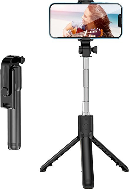 Qiilu Stativ-Selfie-Stick in Schwarz mit Fernbedienung, teleskopisch und drehbar für Live-Videos - Bild 1