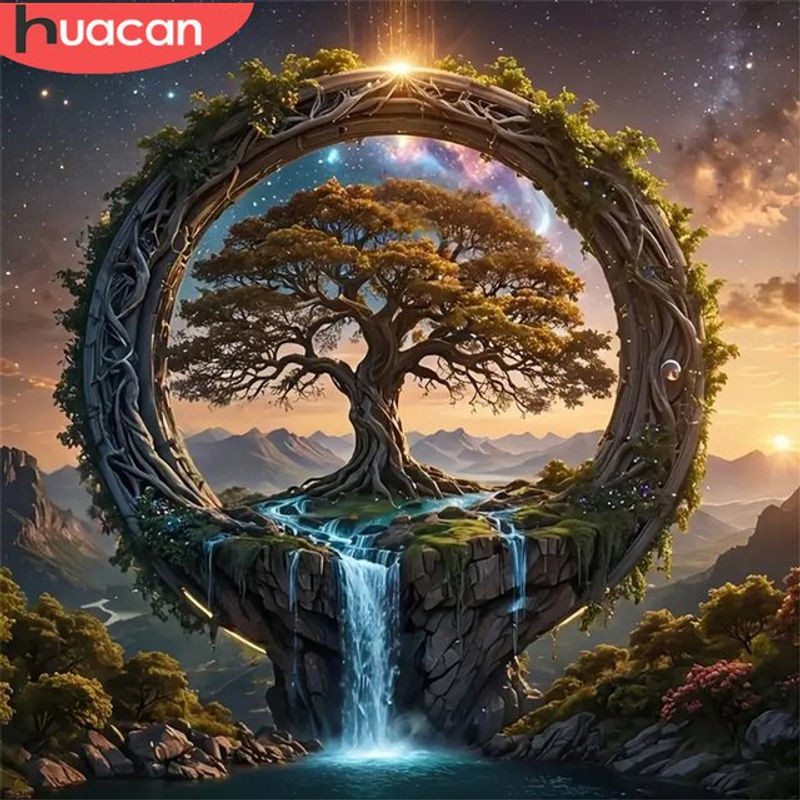 HUACAN Diamant-Mosaik Set 5D Baum des Lebens Landschaft in Mehrfarbig, Wandmontiert, Quadratisch, 40 x 40 cm - Bild 1