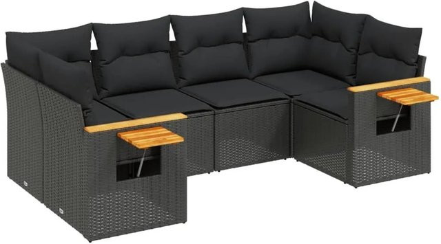 vidaXL 6-tlg Garten-Sofagarnitur in L-Form aus schwarzem PE-Rattan mit Kissen und Akazienholz - Bild 1
