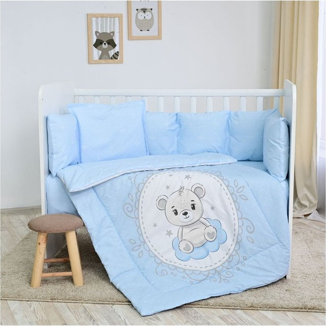 Lorelli Babybettwäsche-Set 5-tlg. Blau mit Bär, Decke 140 x 95 cm, Kissen 43 x 35 cm und Nestchen - Bild 1