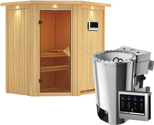 Karibu Sauna Tuckum aus Fichtenholz in Beige inklusive 3,6 kW Saunaofen mit externer Steuerung für 3 Personen, B/T/H: 202,0 x 165,0 x 184,0 cm - Bild 1