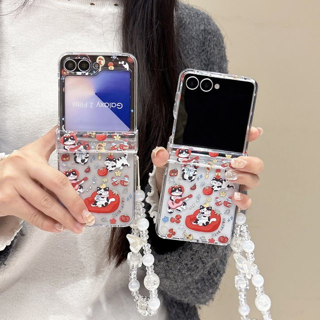 Transparente Handyhülle mit Cartoon-Musik Meow Star Design für Samsung Galaxy Z Flip 7 6 5 4 3 inklusive Scharnierabdeckung und Lanyard - Bild 1