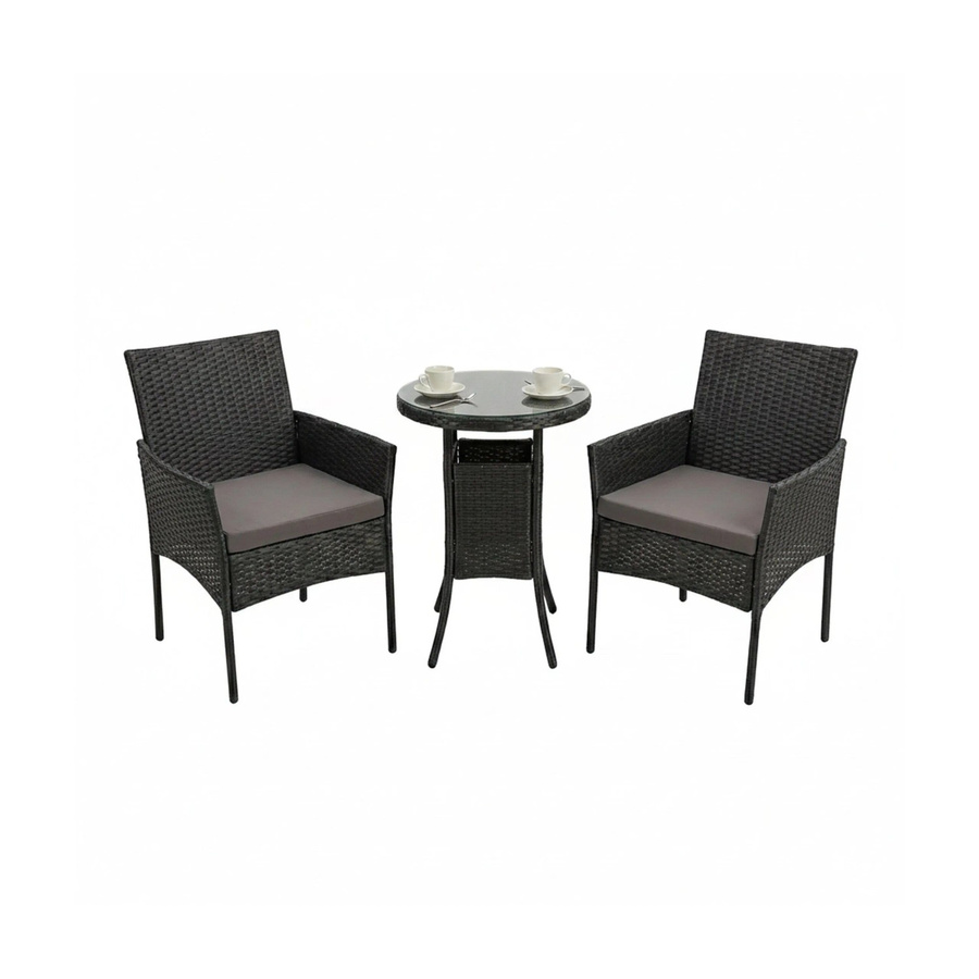 Relaxdays Gartenmöbel Set aus Polyrattan in Schwarz, 3-teilig für 2 Personen mit rundem Glastisch - Bild 2