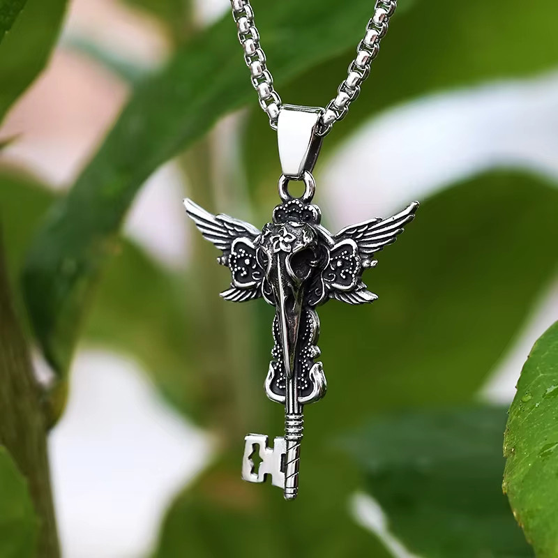 abdo Halskette Krone und Feder, Edelstahl, Silber, Unisex - Bild 1