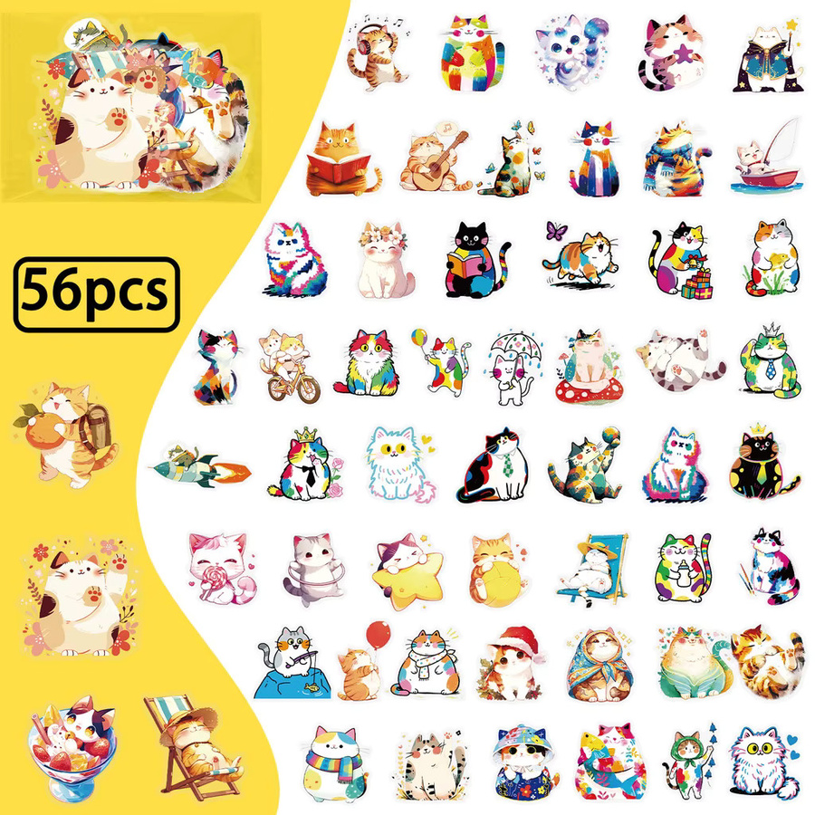 BulingBulingStickers Store Bunte Katzen Aufkleber aus transparentem PET für DIY-Dekorationen, 56 Stück, Mehrfarbig - Bild 3
