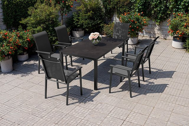 Kettler BasicPlus Pro Garten-Essgruppe aus Aluminium und Textilene in Anthrazit mit Tisch und 6 Stapelsesseln, Tisch B: 160 cm, T: 95 cm, H: 75 cm - Bild 1