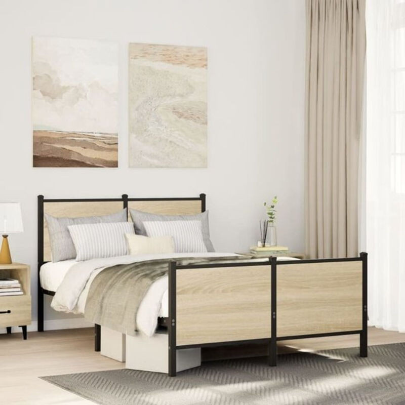 Metallbett Vidaxl in Sonoma-Eiche Natur und Braun, B/T/H: 120 x 200 cm - Bild 1