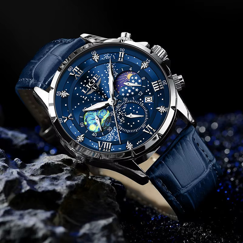 LIGE Armbanduhr Chronograph, Quarz, Blau, Leder, Herren - Bild 2