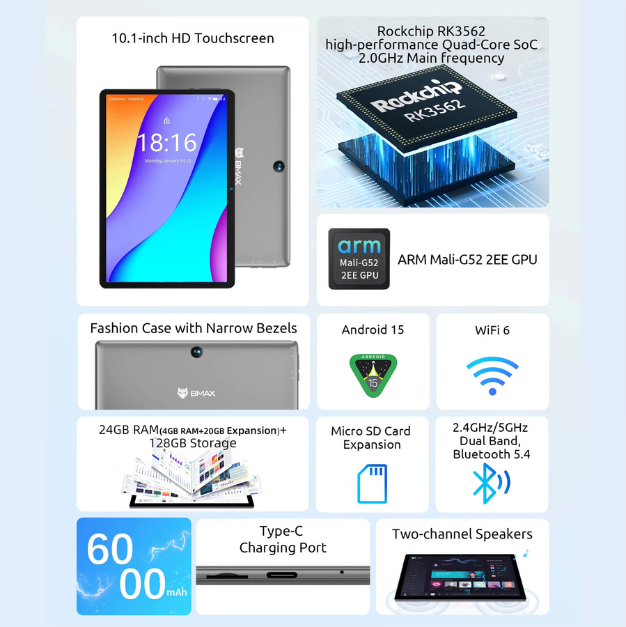 BMAX I9 Plus Tablet mit 10,1 Zoll IPS Display, 24 GB RAM, 128 GB ROM, Android 15, WIFI 6 und Bluetooth 5.4 - Bild 3