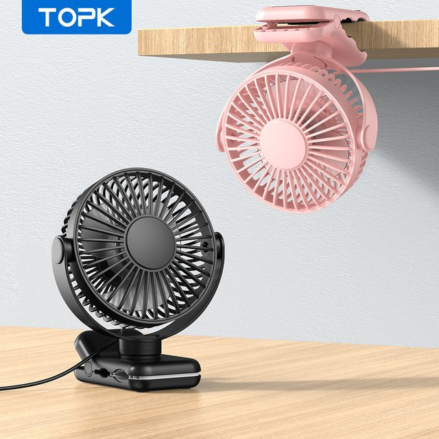 TOPK Mini Clip-on-Ventilator mit USB-Anschluss, tragbarer Tischventilator mit 3 Geschwindigkeiten, 720 Grad Drehung und Oszillation in Schwarz oder Lila - Bild 1