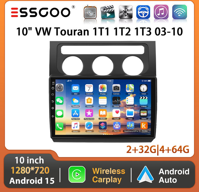 ESSGOO Android 15 Autoradio mit 10 Zoll Display für VW Touran 1T1 1T2 1T3, Wireless Carplay, GPS, Wi-Fi, Bluetooth und Mirror Link in Schwarz - Bild 1