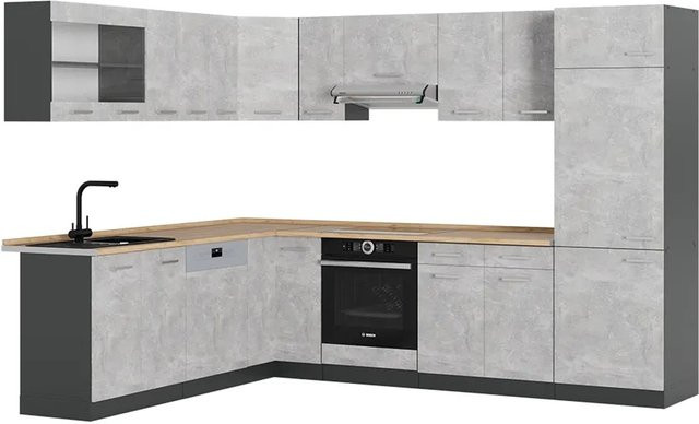 Vicco R-Line Eckküche in Beton-Optik und Anthrazit mit Eiche-Elementen, B/T/H: 227 x 287 x 207 cm - Bild 1