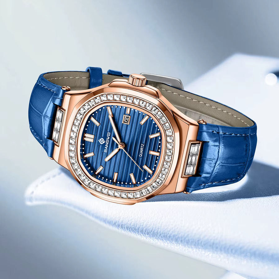 BANGWEI Chronograph Armbanduhr, Leder, Quarz, Eckig, Damen, Blau, Roségold - Bild 4