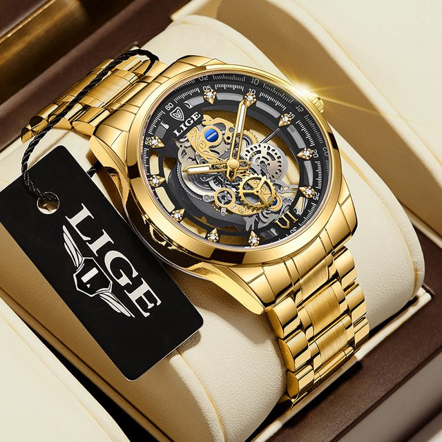 LIGE Armbanduhr Automatik, Skelett, Gold, Edelstahl, Herren - Bild 1