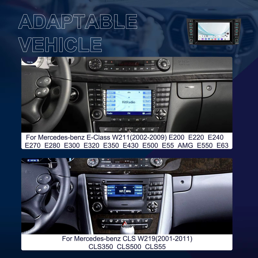 Podofo 7 Zoll CarPlay Android Radio für Benz E-Klasse W211 W219 2002-2009 mit GPS und Multimedia-Funktionen in Schwarz - Bild 2