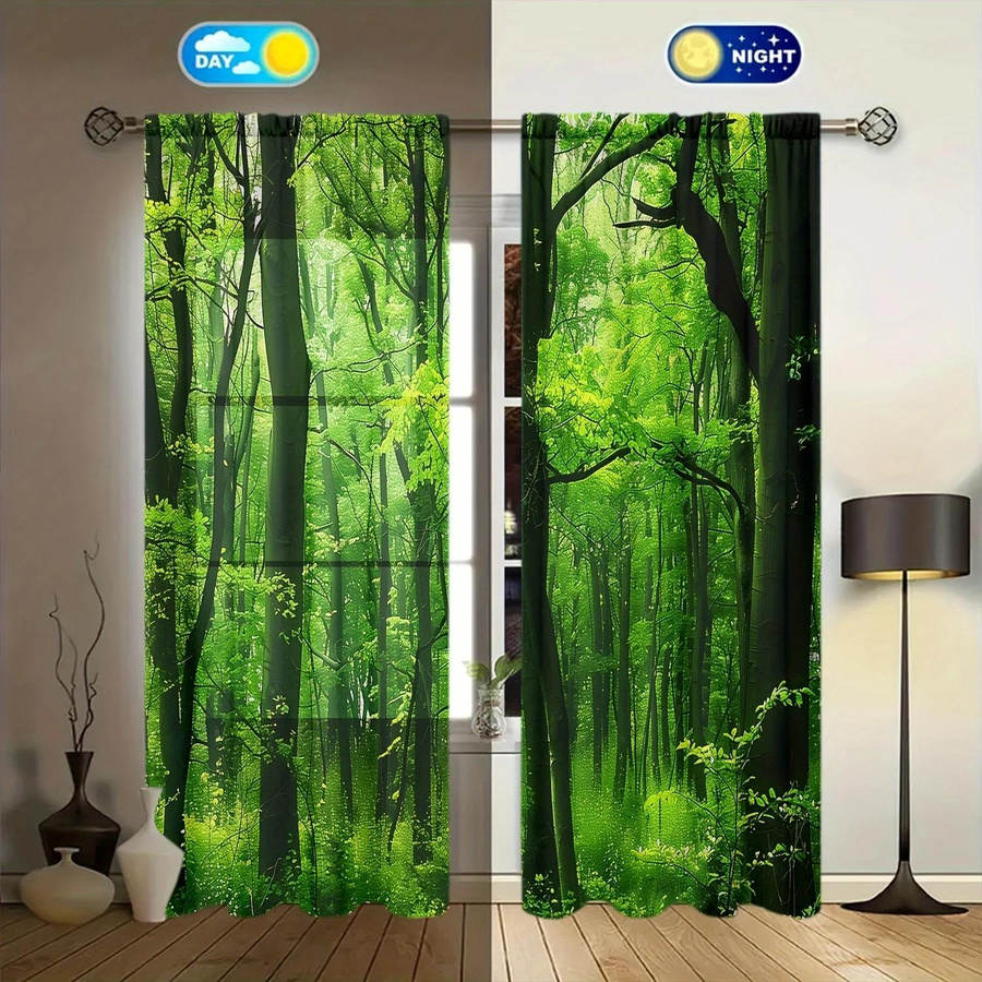 2er-Set halbtransparente Vorhänge mit Waldmuster von Household supplies MH, moderne Fensterbehandlung mit Stangentaschen, Breite: 52,5 cm, Höhe: 116 cm - Bild 3