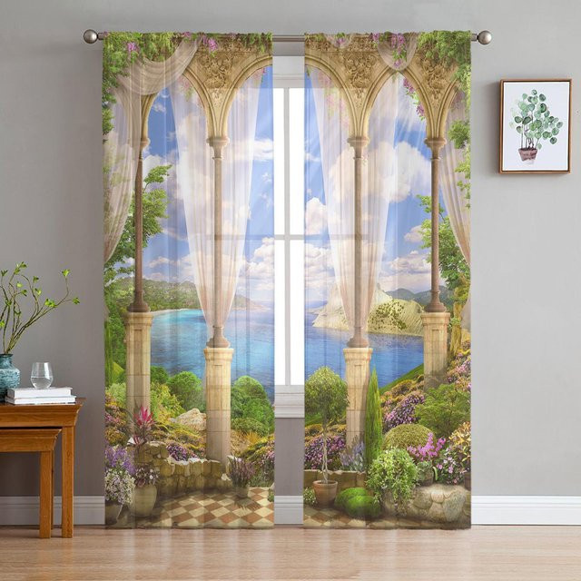 Yiran Furniture Tüllvorhang Organza mit Landschaftsmotiv, halbtransparent, Mehrfarbig, Breite: 135 cm, Höhe: 115 cm - Bild 1