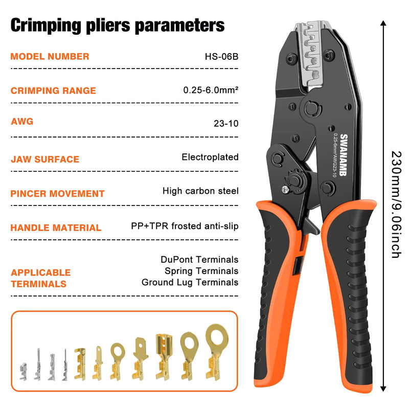 SWANAMB Crimpzange HS-06B für 0,5–6 mm2 und XH2,54/2,8/4,8 Flachstecker zur Verbindung von Anschlussklemmen - Bild 2