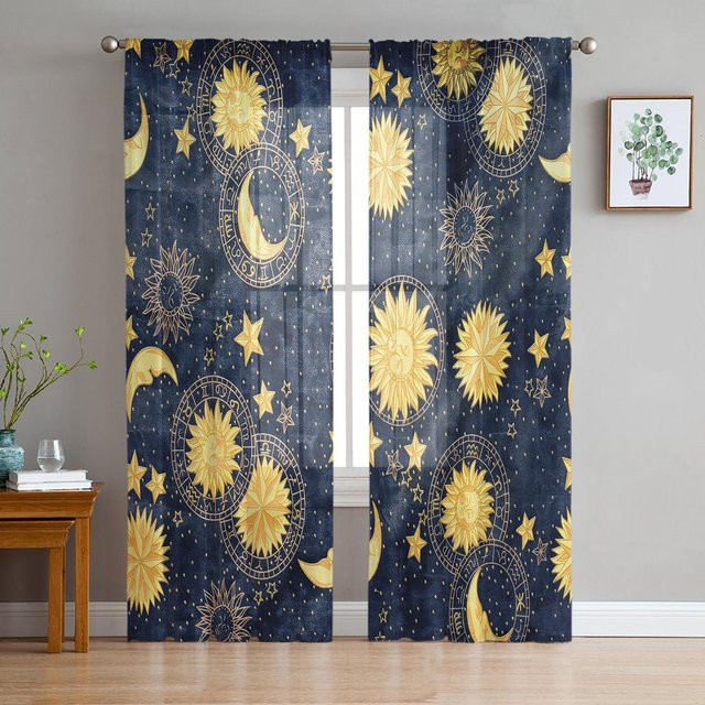 Transparente Tüll-Vorhänge mit Sonne Mond Universum Motiv aus Organza für Wohnzimmer und Küche, Breite: 135 cm, Höhe: 137 cm - Bild 1
