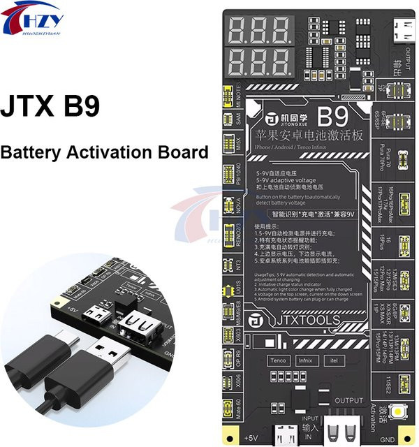 JTX B9 Batterie-Aktivierungs- und Erkennungsplatine in Schwarz zur Ein-Klick-Aktivierung von 5-9V Dual-Zellen-Batterien für iPhone 6S bis 17PM und über 400 Android-Modelle - Bild 1