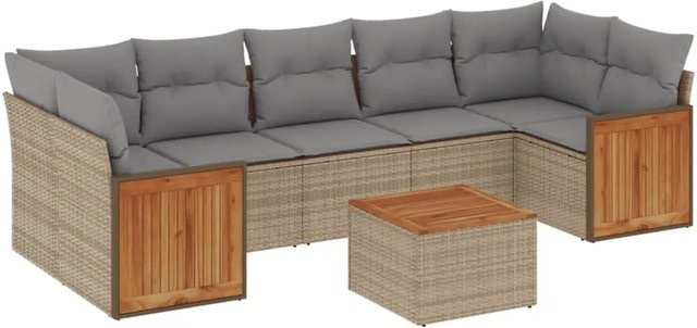 vidaXL 8-teilige Garten-Sofagarnitur in L-Form aus Poly-Rattan und Akazienholz mit Kissen in Beige und Grau - Bild 1