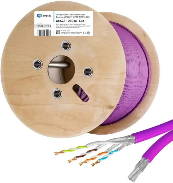 hb-digital CAT 7a Verlegekabel Duplex Installationskabel S/FTP AWG23 LSZH 250m Lila - Bild 1