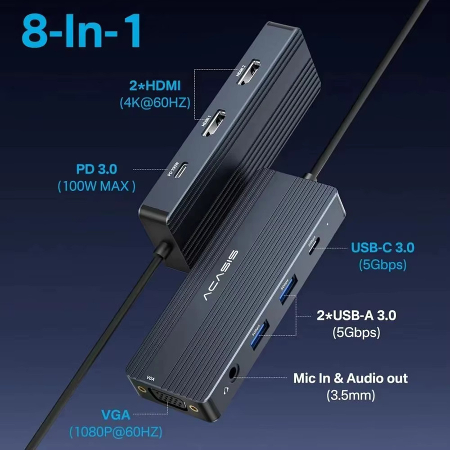 Acasis 8-in-1 USB-C Dockingstation in Grau mit 4K 60Hz, 5Gbps USB 3.0 und PD 100W Eingang für deinen Laptop - Bild 2