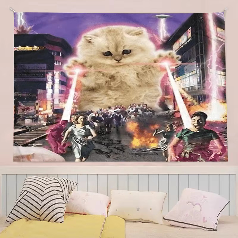 VIKAMA Wandteppich mit Parodie-Cartoon-Katzen-Meme-Design in Weiß und Multicolour, rechteckiger Wandbehang für Wohnzimmer, Schlafzimmer und Arbeitszimmer, B/H: 60 x 40 cm - Bild 2