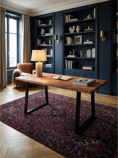 Schreibtisch aus Massivholz Akazie mit Baumkante und Trapezgestell von KADIMA DESIGN, Farbe: Braun, B/T/H: 180 x 90 x 76 cm - Bild 1
