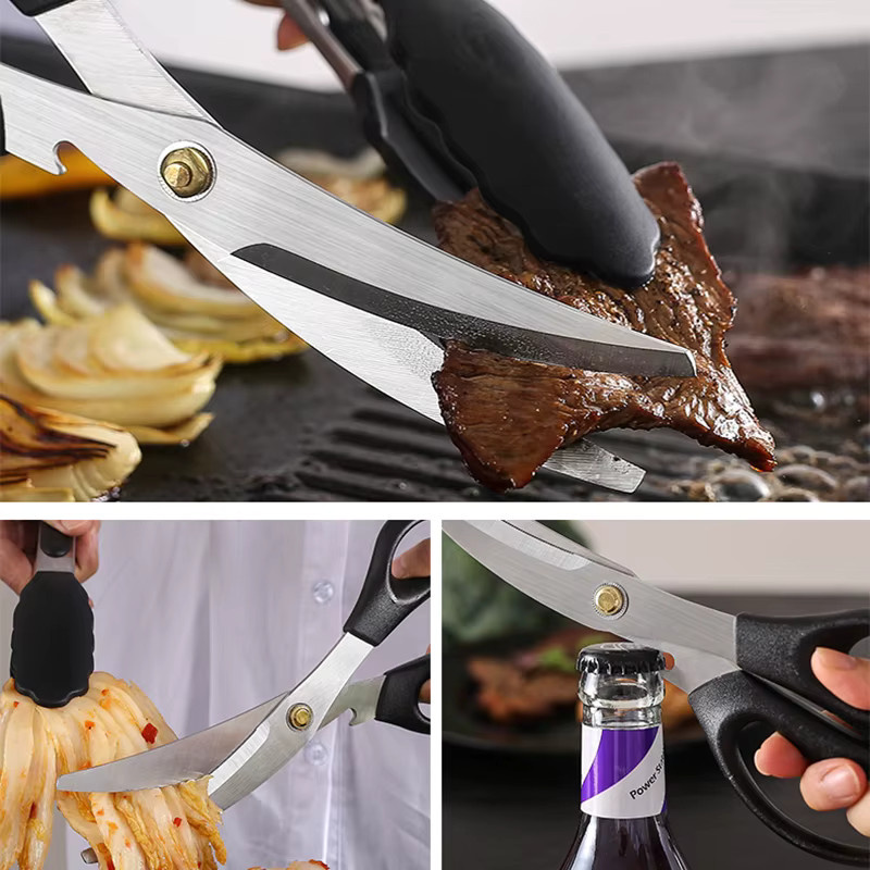 Grill Schere Set mit gebogener Klinge aus Edelstahl und Silikon sowie Lebensmittel Clip in Schwarz - Bild 4