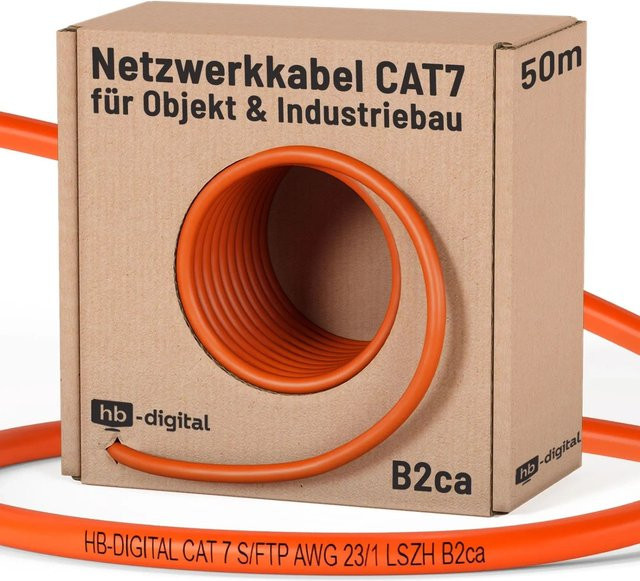 hb-digital CAT 7 Netzwerkkabel Ethernet LAN S/FTP PiMF AWG23/1 LSZH B2ca GHMT zertifiziert, Orange, 50 m - Bild 1