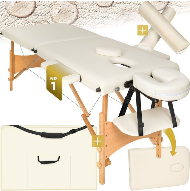 tectake Massageliege-Set Freddi mit Holzgestell aus Buche in Beige, B/T/H: 210 x 95 x 84 cm - Bild 1