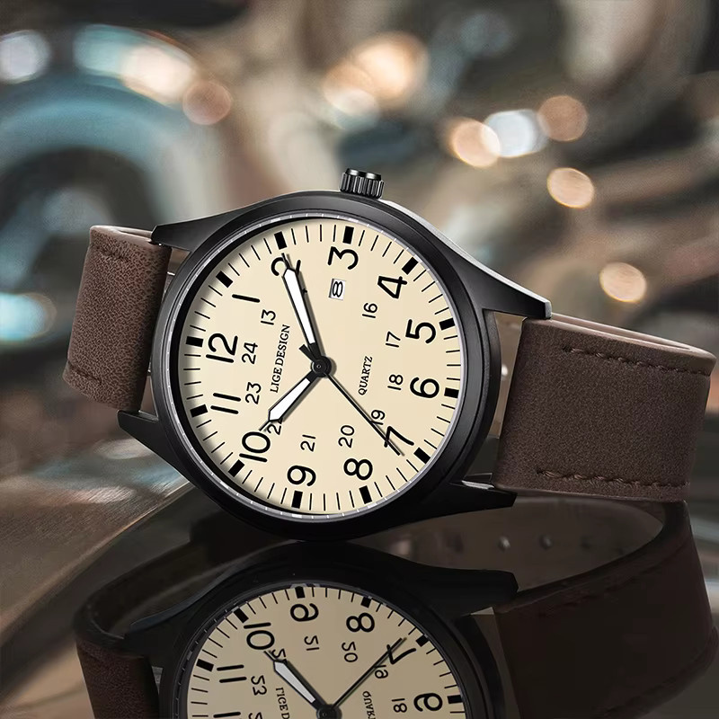 LIGE Armbanduhr Quarz, Analoguhr, Leder, Weiß, Schwarz, Herren - Bild 5