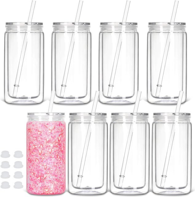 8er-Pack ZhimeiTrading Kunststoff-Schneekugel-Becher mit Deckel und Strohhalm, doppelwandige Tumbler in Transparent, Volumen: 473 ml - Bild 1