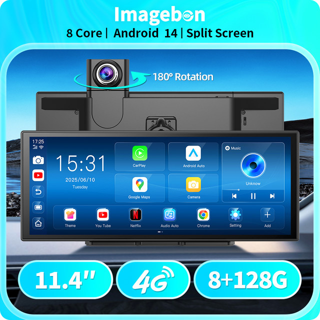Imagebon M70 Dashcam mit 11,4 Zoll Display, Android 14, 4G, 8 GB RAM + 128 GB Speicher, 8 Core, Wireless CarPlay & Android Auto, Split Screen und Fernüberwachung, Schwarz - Bild 1