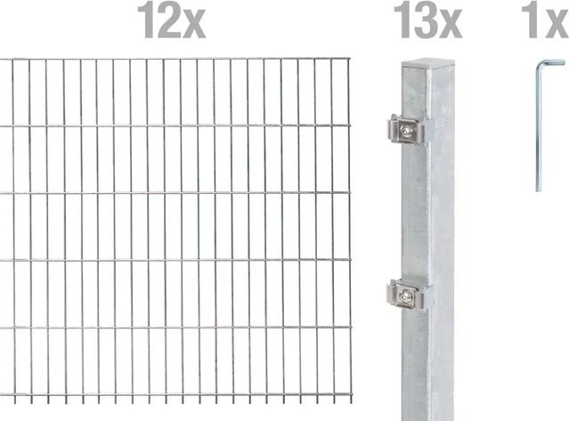 Metallzaun Grund-Set Doppelstabmatte aus Stahl feuerverzinkt in Silber/Grau für die Bodenmontage, Höhe: 100 cm, Breite: 200 cm, Tiefe: 12 cm - Bild 1