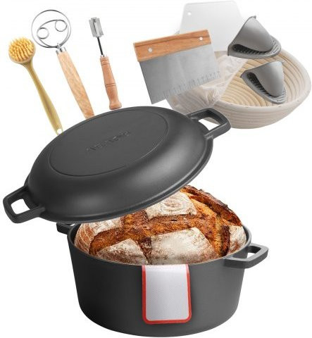 VEVOR Dutch Oven aus Gusseisen in Schwarz, 2-in-1 Schmortopf mit Bratpfannendeckel und Brotbackzubehör, Volumen: 4,73 l - Bild 1