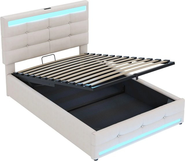 okwish Kinderbett mit Stauraum und LED-Beleuchtung in Beige, B/T/H: 208 x 90 x 107 cm mit USB-Anschluss und Schubladen - Bild 1