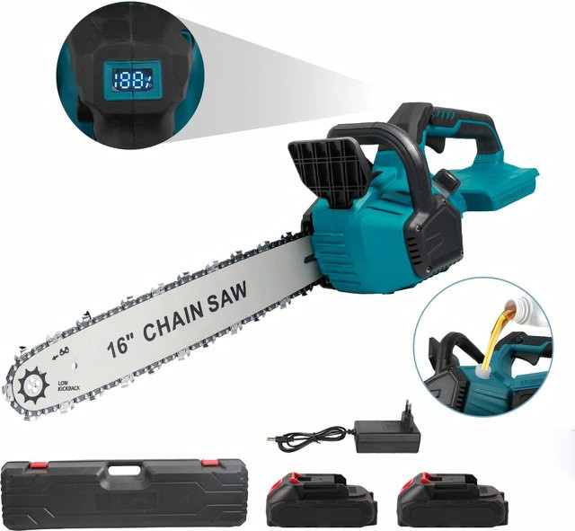 Akku-Elektrokettensäge mit 1800 W bürstenlosem Motor und 16 Zoll Schiene, kompatibel mit Makita 18V LXT Akkus, Blau mit LED-Licht und automatischer Schmierung - Bild 1