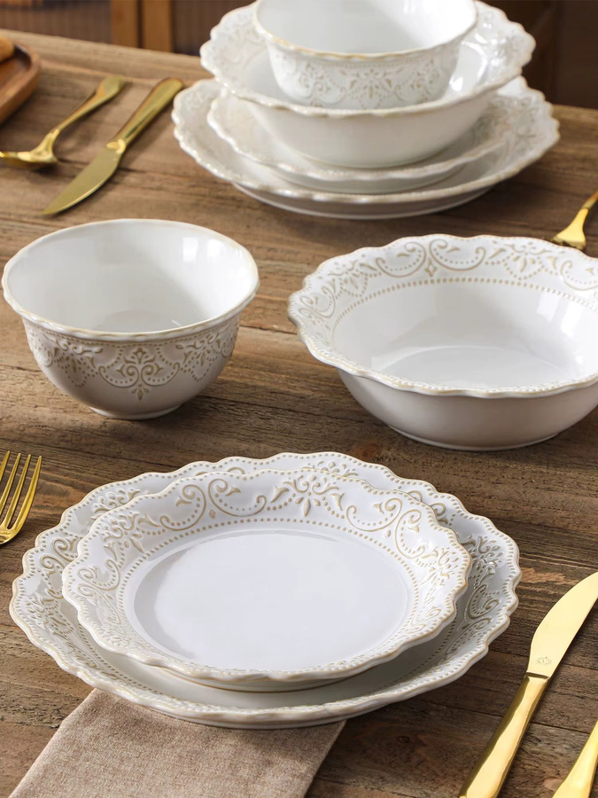 MALACASA Geschirrset aus weißem Steinzeug mit Relief-Design, 16/32-teiliges Dinner-Service Set bestehend aus Speisetellern, Desserttellern, Müslischalen und Suppenschüsseln, Farbe: Weiß - Bild 6