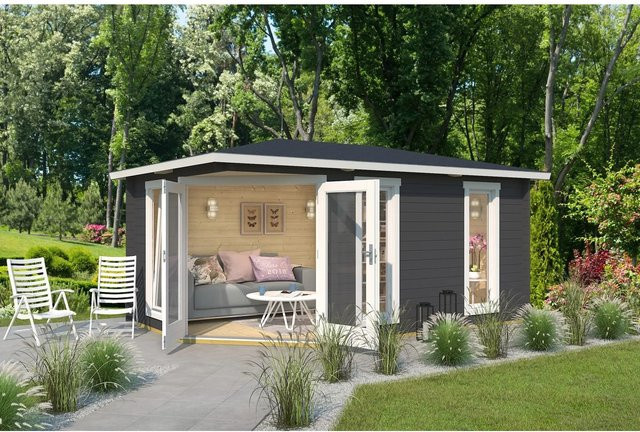 Lasita Blockbohlenhaus Edinburgh Gartenhaus in Grau mit Spitzdach und klassischem Design B/H/T: 448 x 246 x 322,3 cm - Bild 1