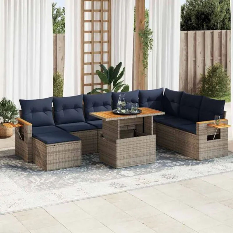 10-teilige moderne Garten-Sofagarnitur aus Poly-Rattan und Akazie mit Kissen in Grau und Blau von vidaxl - Bild 1